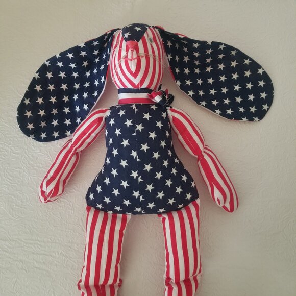 Vtg 1991 Handmade Cloth Patriotic Floppy Ear Bunny Stars and Stripes 20" Plush - Picture 3 of 15